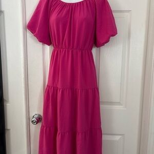 Hot Pink Puff Sleeve Tiered Midi Dress — Size M